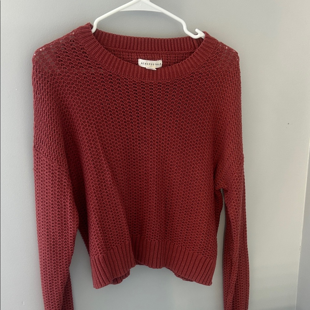 Aeropostale Women's Wine Red Open-Knit Crewneck Sweater